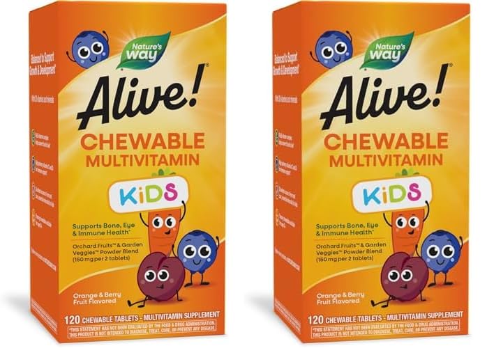 Nature's Way Alive! Children's Daily Chewable Multivitamin, Supports Bone, Eye, and Immune Health*, Orange & Berry Fruit Flavored, Gluten Free, 120 Chewable Tablets (Packaging May Vary) - Nirvana Guru