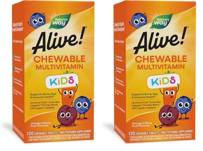 Nature's Way Alive! Children's Daily Chewable Multivitamin, Supports Bone, Eye, and Immune Health*, Orange & Berry Fruit Flavored, Gluten Free, 120 Chewable Tablets (Packaging May Vary) - Nirvana Guru