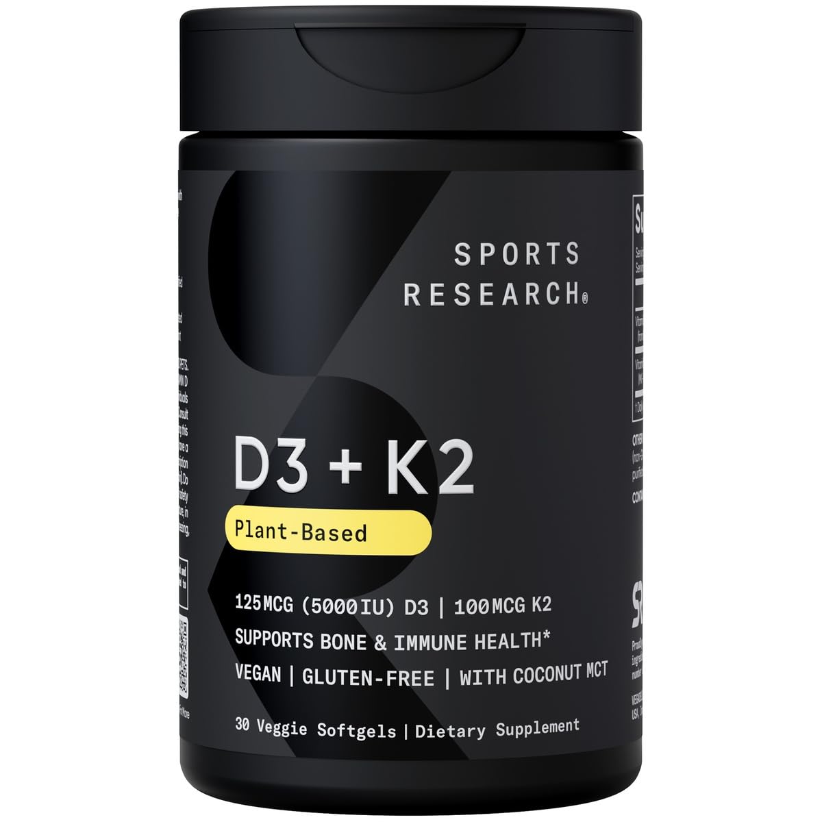 Sports Research® Vitamin D3 + K2 with Coconut MCT Oil | Vegan D3 2500iu (62.5mcg) & Plant Based Vitamin K2 100mcg | Vegan Certified, Soy & Gluten Free - 60 Softgels - Nirvana Guru