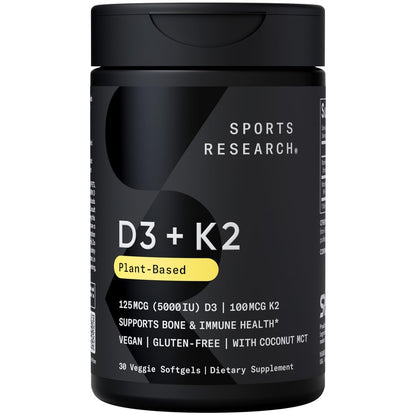 Sports Research® Vitamin D3 + K2 with Coconut MCT Oil | Vegan D3 2500iu (62.5mcg) & Plant Based Vitamin K2 100mcg | Vegan Certified, Soy & Gluten Free - 60 Softgels - Nirvana Guru