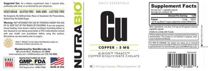 NutraBio Chelated Copper Bisglycinate Supplement (3mg), Immune Support - Copper Supplement- 90 Capsules Nirvana Guru