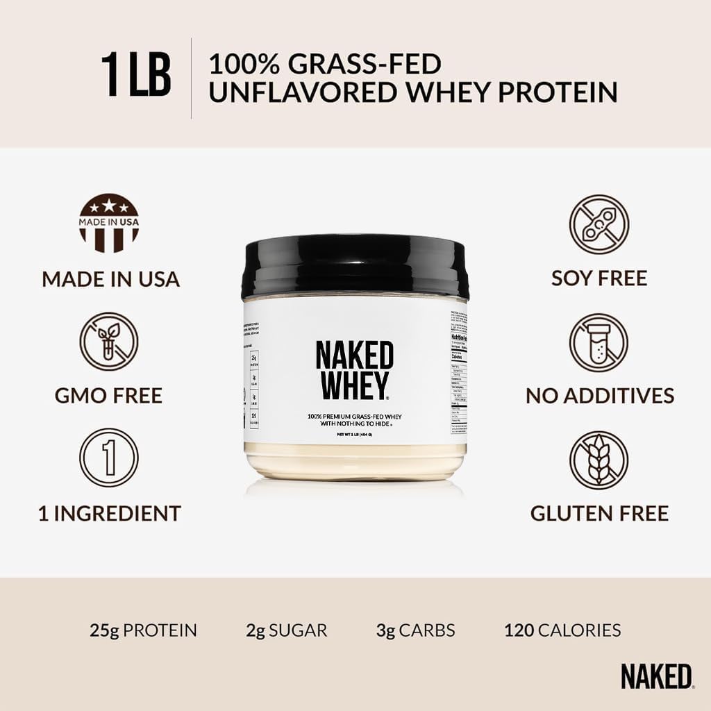 NAKED Whey Vanilla Protein Powder - Only 3 Ingredients - Grass Fed Whey Protein Powder, Vanilla Flavor, and Organic Coconut Sugar, No GMO, No Soy, and Gluten Free - 24 Servings