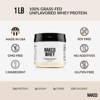 NAKED Whey Vanilla Protein Powder - Only 3 Ingredients - Grass Fed Whey Protein Powder, Vanilla Flavor, and Organic Coconut Sugar, No GMO, No Soy, and Gluten Free - 24 Servings