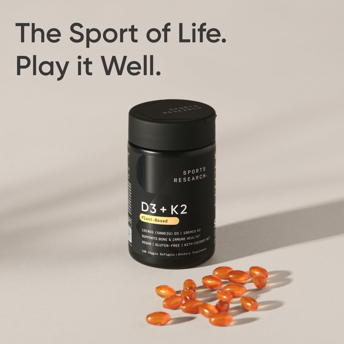 Sports Research® Vitamin D3 + K2 with Coconut MCT Oil | Vegan D3 2500iu (62.5mcg) & Plant Based Vitamin K2 100mcg | Vegan Certified, Soy & Gluten Free - 60 Softgels - Nirvana Guru