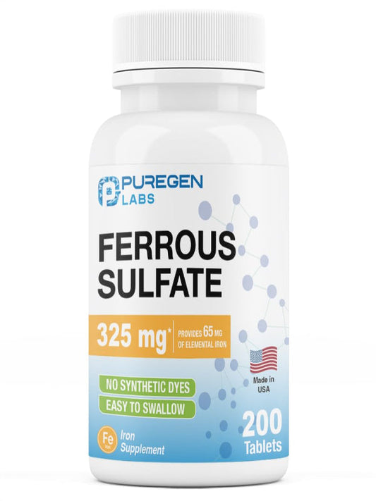 Puregen Labs Ferrous Sulfate 325 mg (65 mg Elemental Iron) High Potency Iron Supplement | No Artificial Color Additives - 200 Tablets Made in USA Nirvana Guru