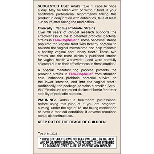 Jarrow Formulas Fem-Dophilus Probiotics 1 Billion CFU With 2 Clinically Effective Strains, Dietary Supplement for Vaginal Health and Urinary Tract Health, 60 Veggie Capsules, 60 Day Supply - Nirvana Guru