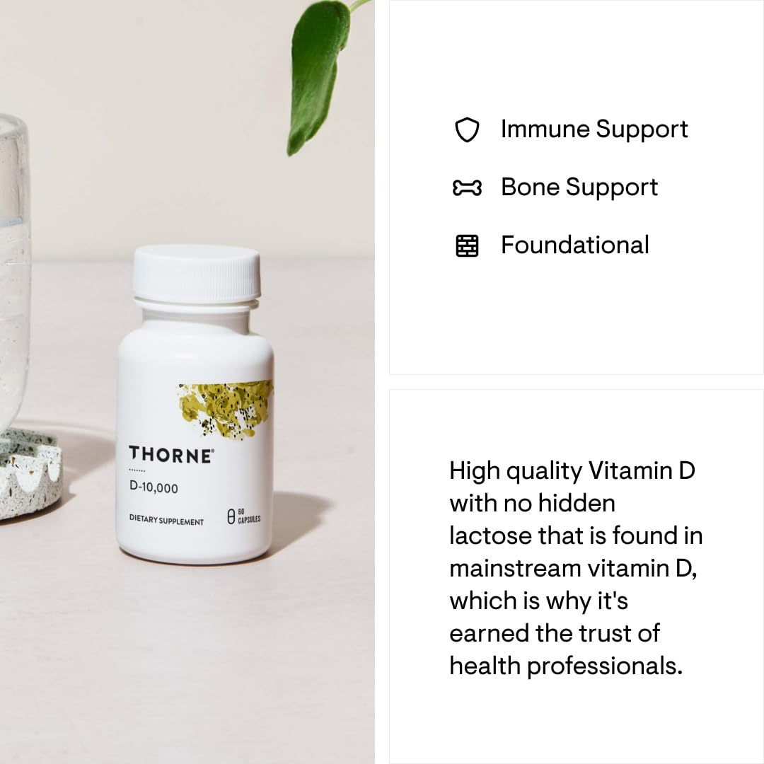 THORNE Vitamin D3 Supplement - Supports Healthy Bones, Teeth, Muscles, Cardiovascular & Immune Function* - Gluten, Dairy & Soy-Free - 10,000 IU - 60 Capsules - Nirvana Guru