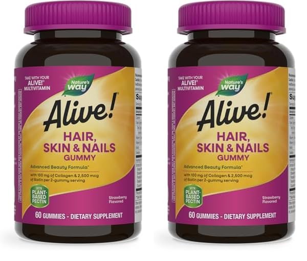 Nature's Way Alive! Hair, Skin & Nails Gummies, Advanced Beauty Formula*, with Biotin and Collagen, Strawberry Flavored, 60 Gummies (Packaging May Vary) - Nirvana Guru