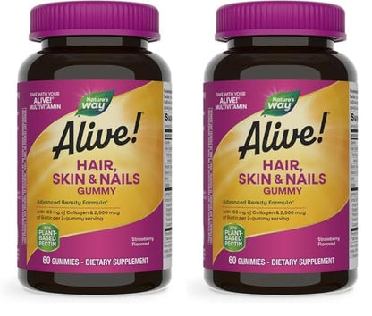 Nature's Way Alive! Hair, Skin & Nails Gummies, Advanced Beauty Formula*, with Biotin and Collagen, Strawberry Flavored, 60 Gummies (Packaging May Vary) - Nirvana Guru