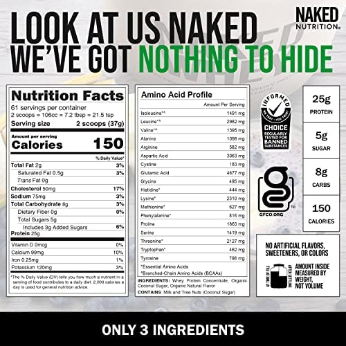 NAKED Whey Vanilla Protein Powder - Only 3 Ingredients - Grass Fed Whey Protein Powder, Vanilla Flavor, and Organic Coconut Sugar, No GMO, No Soy, and Gluten Free - 24 Servings