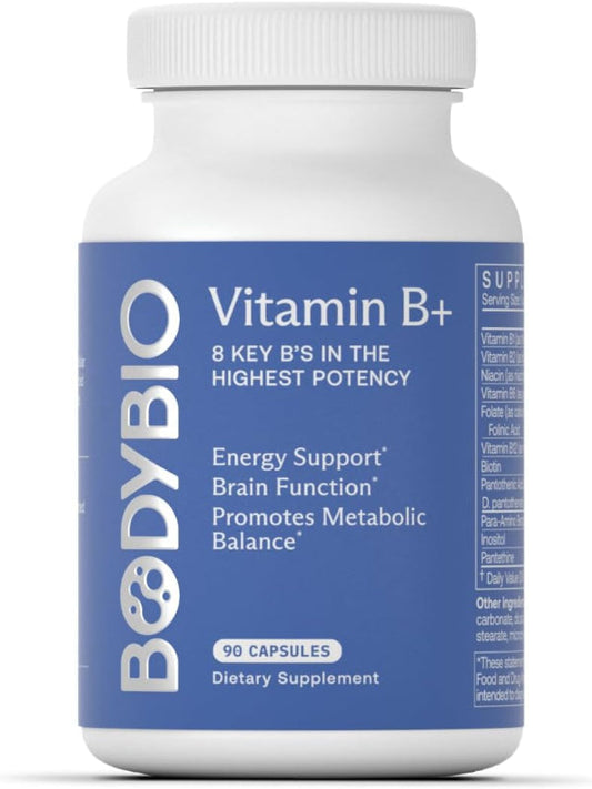 BodyBio - Vitamin B Complex Including B1, B2, B3, B5, B6, Methyl B12, Folinic Acid, 5-MTHF, and B7 to Supports Alertness, Metabolism & Immune System, 90 Capsules Nirvana Guru