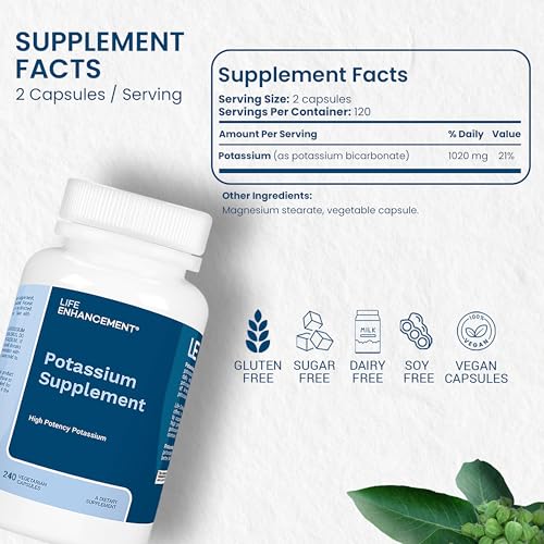 Life Enhancement High Absorption Potassium Supplement for Muscle, Brain & Bone Health - No Additives High Potency Elemental Potassium Supplement is Made in USA (240 Capsules – 120 Servings) Nirvana Guru