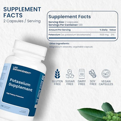 Life Enhancement High Absorption Potassium Supplement for Muscle, Brain & Bone Health - No Additives High Potency Elemental Potassium Supplement is Made in USA (240 Capsules – 120 Servings) Nirvana Guru