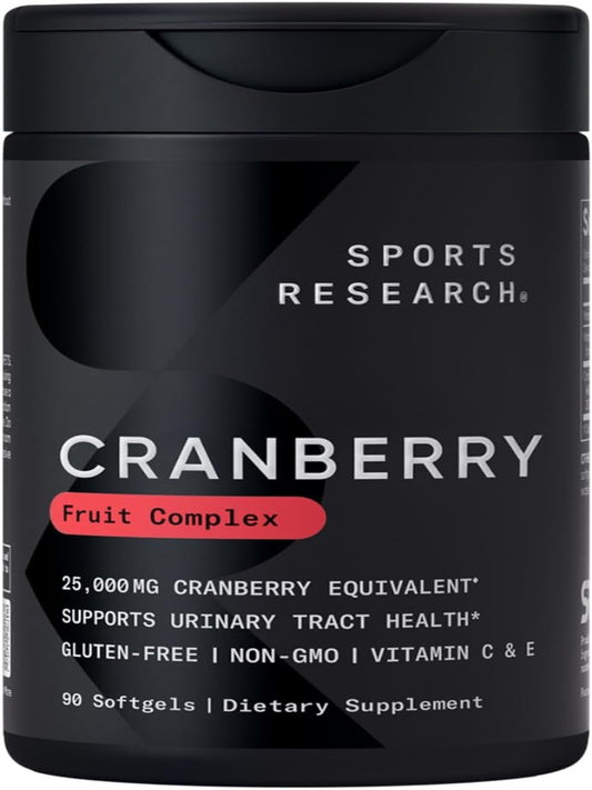 Sports Research Cranberry Fruit Complex Supplement - Softgels for Urinary Tract Health Support - Equal to 25,000mg of Cranberries, Made with Pacran & Vitamins C & E - Non-GMO & Gluten Free - 90 Count - Nirvana Guru