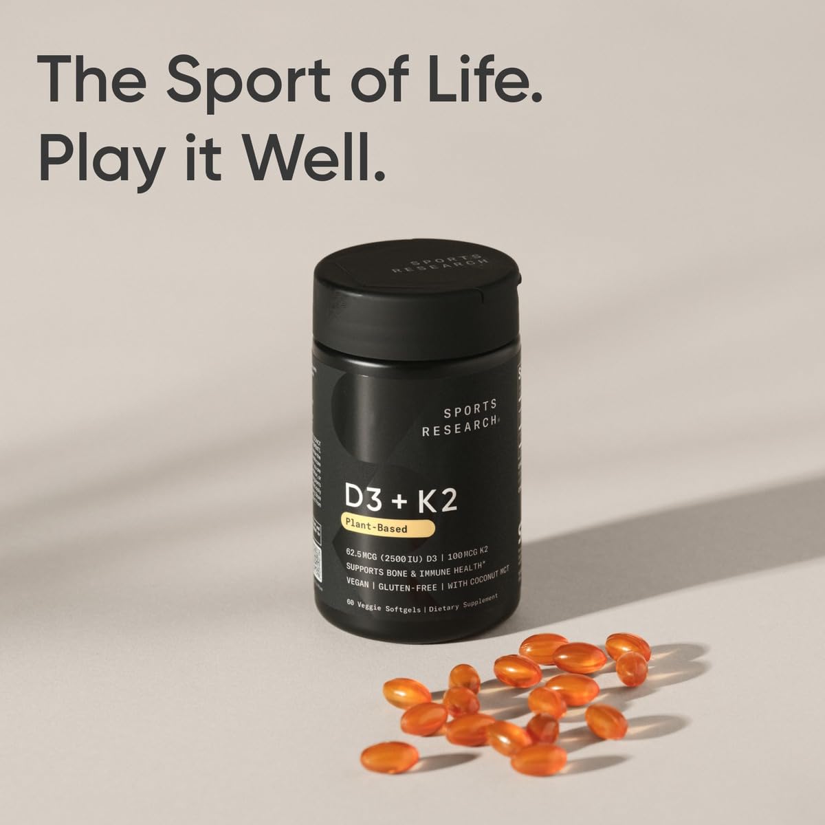 Sports Research® Vitamin D3 + K2 with Coconut MCT Oil | Vegan D3 2500iu (62.5mcg) & Plant Based Vitamin K2 100mcg | Vegan Certified, Soy & Gluten Free - 60 Softgels - Nirvana Guru