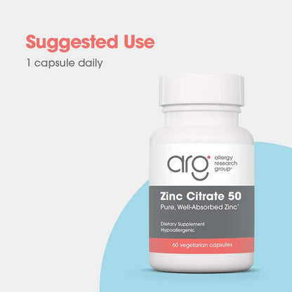 Allergy Research Group Zinc Citrate Supplement - Zinc for Men & Women, Immune Support, Pure, Well-Absorbed, Well-Tolerated, Trace Mineral, 50mg Vegetarian Capsules - 60 Count Nirvana Guru