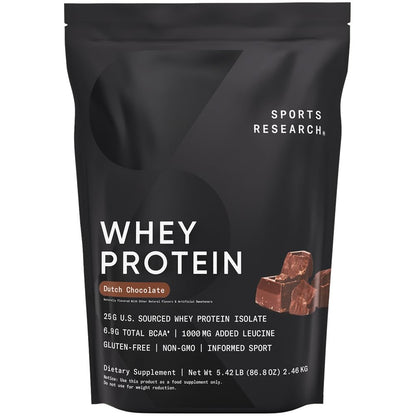 Sports Research Whey Protein - Sports Nutrition Whey Isolate Protein Powder for Lean Muscle Building & Workout Recovery - 5 lb Bag Bulk Protein Powder 25g per Serving - Dutch Chocolate, 56 Servings - Nirvana Guru
