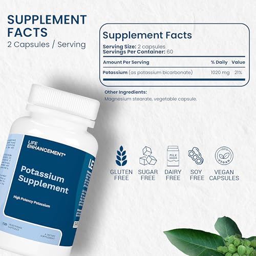 Life Enhancement High Absorption Potassium Supplement for Muscle, Brain & Bone Health - No Additives High Potency Elemental Potassium Supplement is Made in USA (240 Capsules – 120 Servings) Nirvana Guru