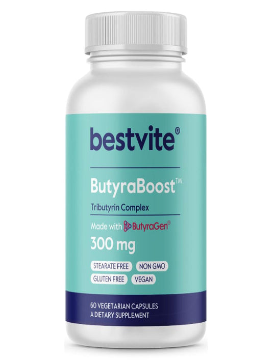 BESTVITE ButyraBoost 300mg Tributyrin Complex (60 Vegetarian Capsules) - No Stearates - Vegan - Non GMO - Gluten Free - Butyrate Gut Health Supplement Nirvana Guru