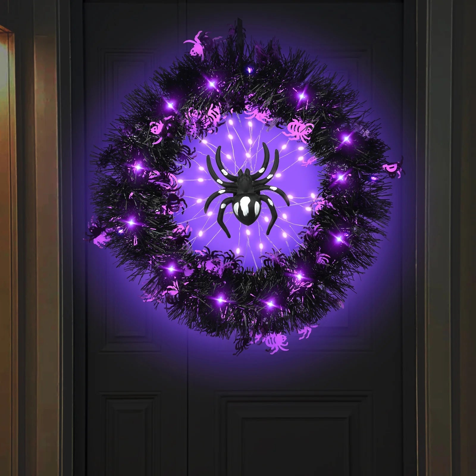 Halloween Wreath Halloween Spider Decorations Wreath with Lights, Halloween Spider Garland LED Halloween Door Wreath for Halloween Party, Halloween Decorations Outdoor Indoor Wall and Window nirvanaguru
