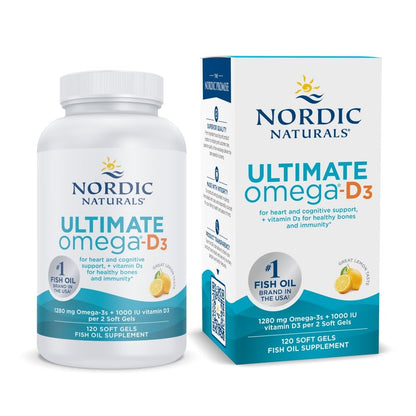 Nordic Naturals Ultimate Omega-D3, Lemon Flavor - 120 Soft Gels - 1280 mg Omega-3 + 1000 IU Vitamin D3 - EPA & DHA - Promotes Brain, Heart, & Immune Health - 60 Servings - Nirvana Guru