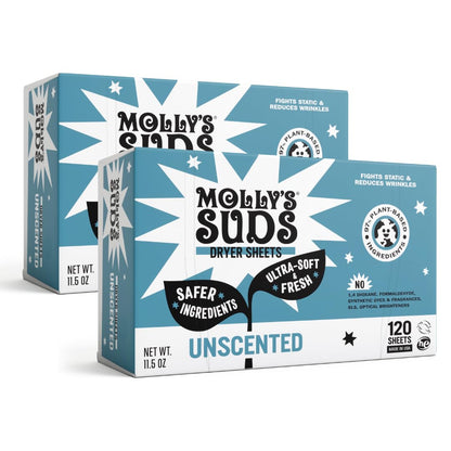Molly's Suds Fabric Softener Dryer Sheets for Sensitive Skin | Plant-Based Static Reducer, Plastic-Free Packaging | Lavender (120 Sheets) Nirvana Guru