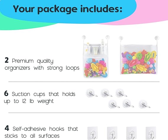 2 x Mesh Bath Toy Organizer + 8 Ultra Strong Hooks – The Perfect Bathtub Toy Holder & Bathroom or Shower Caddy – These Multi-use Net Bags Make Baby Bath Toy Storage Easy – For Kids & Toddlers nirvanaguru