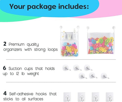 2 x Mesh Bath Toy Organizer + 8 Ultra Strong Hooks – The Perfect Bathtub Toy Holder & Bathroom or Shower Caddy – These Multi-use Net Bags Make Baby Bath Toy Storage Easy – For Kids & Toddlers nirvanaguru