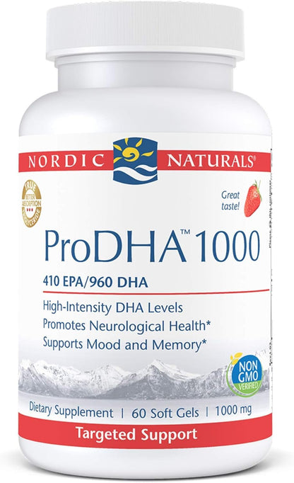 Nordic Naturals ProDHA 1000, Strawberry - 120 Soft Gels - 1660 mg Omega-3 - High-Intensity DHA Formula for Neurological Health, Mood & Memory - Non-GMO - 60 Servings - Nirvana Guru
