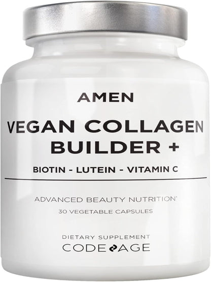 Amen Plant-Based Vegan Collagen Builder Supplement - Organic Whole Foods, Lutein, Vitamin C, Biotin, Lysine, Proline Collagen Boosters - Organic Cranberry, Lemon, Strawberry - Once A Day - 30 Capsules Nirvana Guru