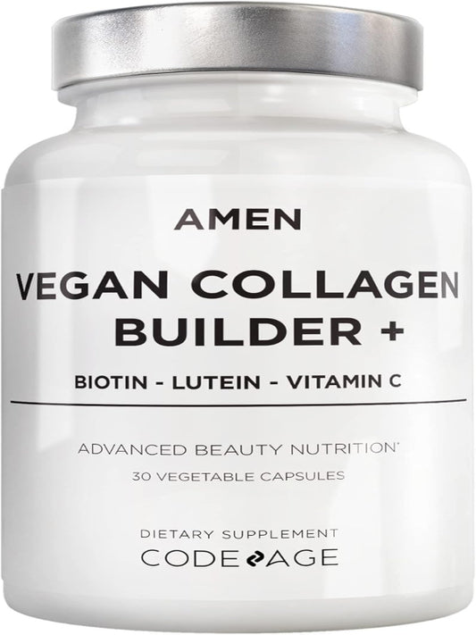 Amen Plant-Based Vegan Collagen Builder Supplement - Organic Whole Foods, Lutein, Vitamin C, Biotin, Lysine, Proline Collagen Boosters - Organic Cranberry, Lemon, Strawberry - Once A Day - 30 Capsules Nirvana Guru