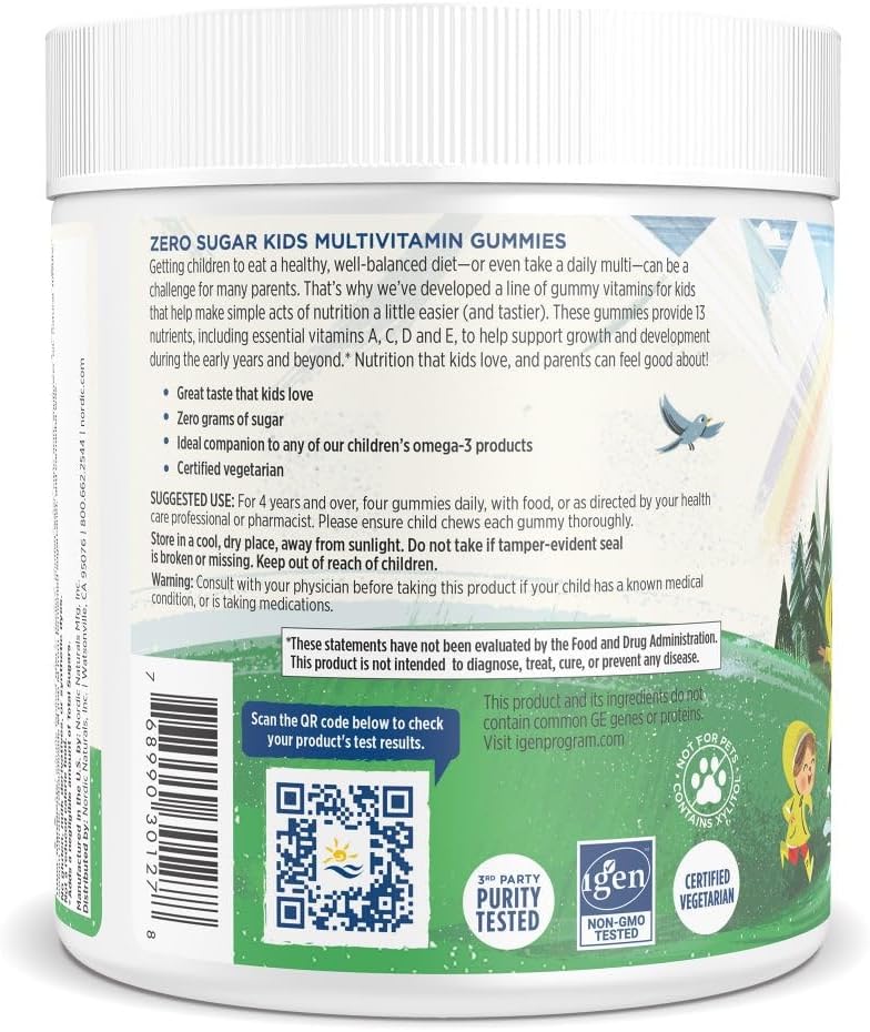 Nordic Naturals Zero Sugar Kids Multi Gummies, Orange Lemon - 120 Gummies - Great-Tasting Multivitamin for Ages 4+ - Supports Growth & Development - Non-GMO, Vegetarian - 30 Servings - Nirvana Guru
