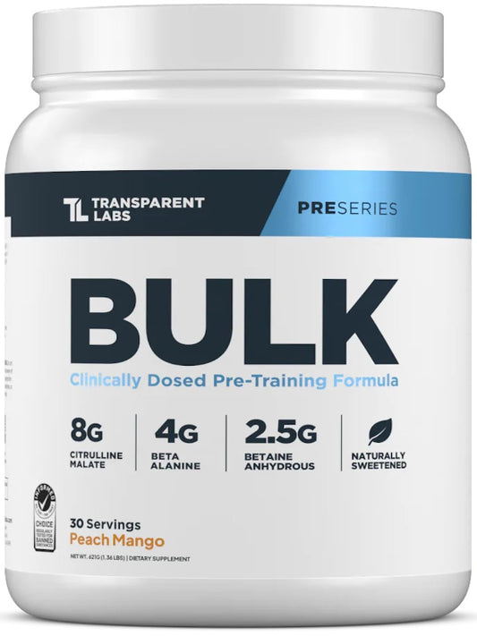 Transparent Labs Bulk Pre Workout Powder - Naturally Sweetened Advanced Pre-Workout Formula for Muscle Building and Strength - 30 Servings, Peach Mango Nirvana Guru