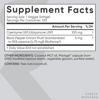 Sports Research CoQ10 200mg Capsules - Premium Coenzyme 10 Supplement with Coconut MCT Oil - Vegan Certified, Non-GMO Verified & Gluten Free - 90 Veggie Softgels - Nirvana Guru