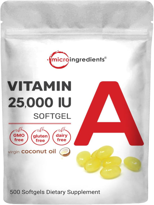 Micro Ingredients Maximum Strength Vitamin A 25000 IU | 500 Softgels with Coconut Oil for Better Absorption | Essential Vitamins for Vision, Growth, & Reproduction | Non-GMO, Easy to Swallow Nirvana Guru
