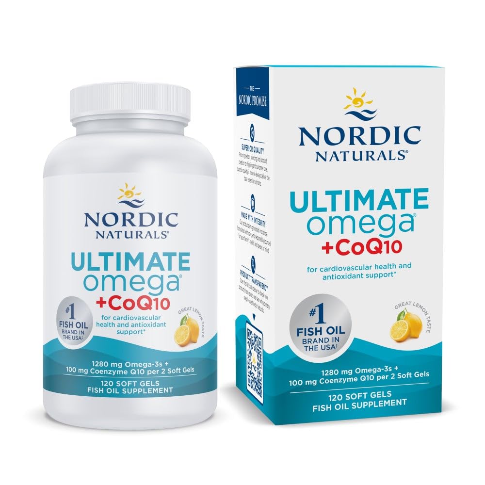 Nordic Naturals Ultimate Omega + CoQ10, Lemon - 120 Soft Gels - 1280 mg Omega-3 + 100 mg CoQ10 - Heart Health, Cellular Energy, Antioxidant Support - Non-GMO - 60 Servings - Nirvana Guru