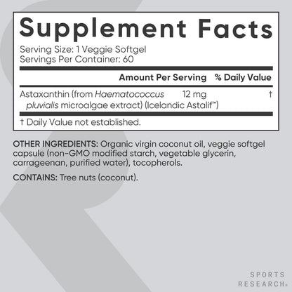 Sports Research Triple Strength Astaxanthin 12mg with Organic Coconut Oil - Antioxidant Supplement, Non-GMO Verified & Gluten Free - 60 Softgels - Nirvana Guru