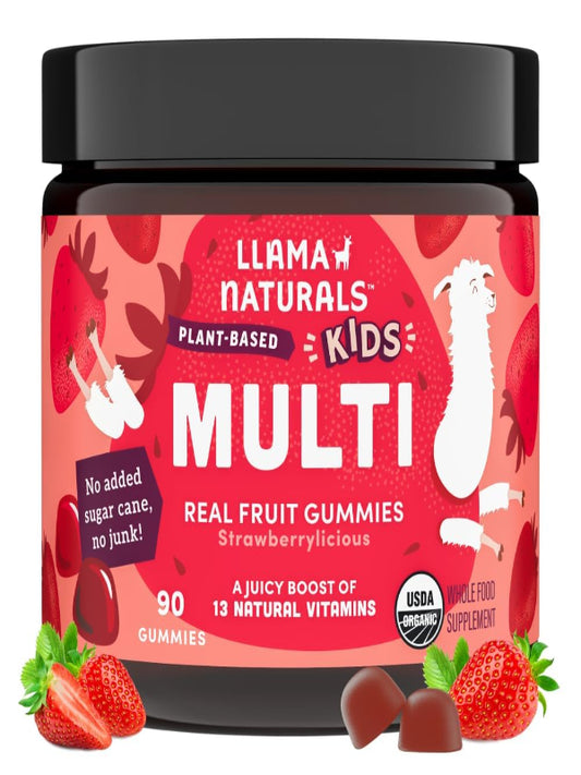 Llama Naturals Kids Multivitamin Gummies, Vegan, Organic with Vitamin D, C & K, Toddler Real Fruit Gummy Vitamins, Chewable Supplement, Whole Food Multivitamin, No Added Sugar Cane, Strawberry, 90 Ct Nirvana Guru