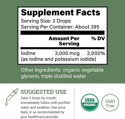Organic Lugol's Iodine, Iodine and Potassium Iodide 2% Solution 3000 mcg - Liquid Supplement Drops for Thyroid Support for Women & Men, Metabolism Health, Detox Boost - Non-GMO, 395 Servings (2 Oz) Nirvana Guru