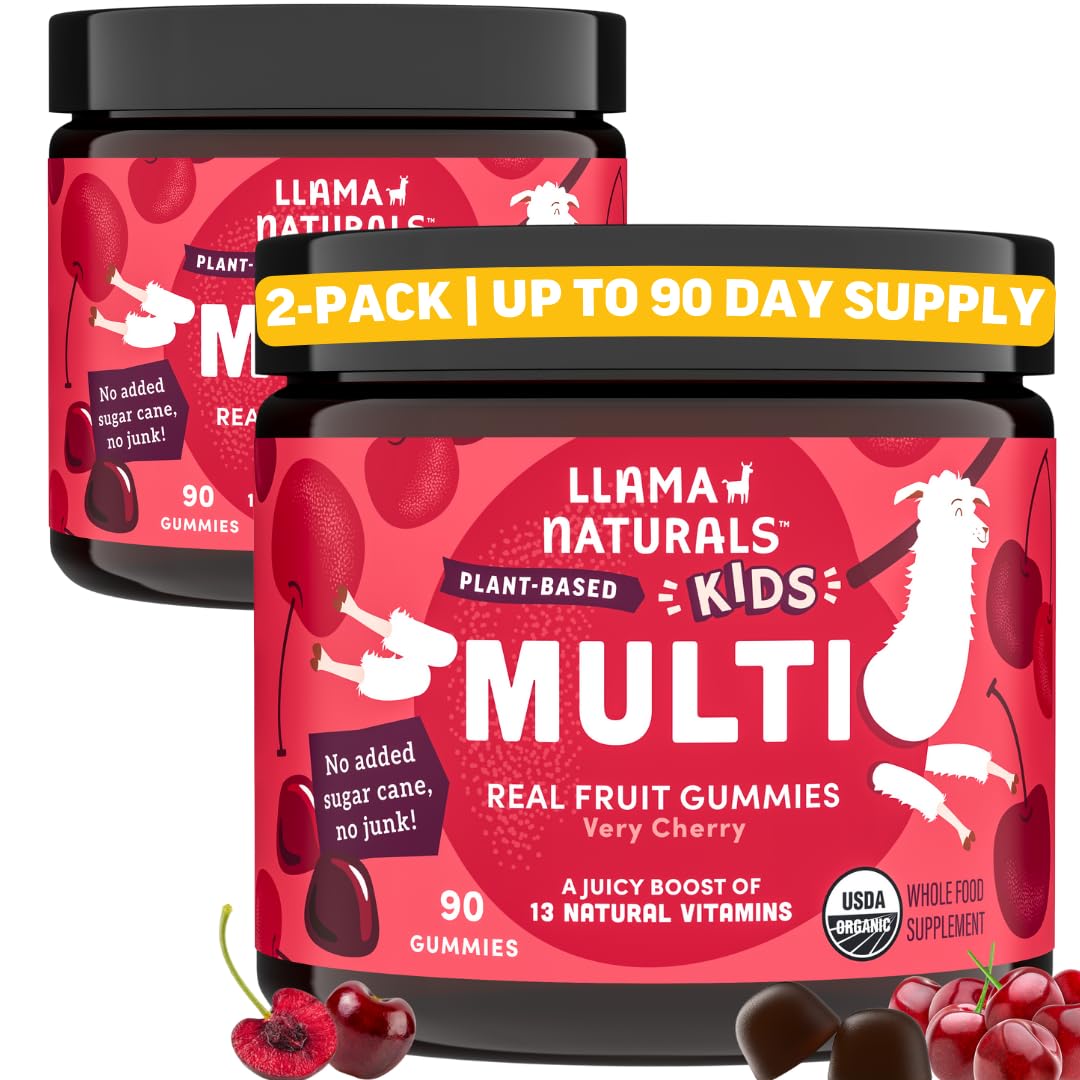 Llama Naturals Kids Multivitamin Gummies, Vegan, Organic with Vitamin D, C & K, Toddler Real Fruit Gummy Vitamins, Chewable Supplement, Whole Food Multivitamin, No Added Sugar Cane, Strawberry, 90 Ct Nirvana Guru