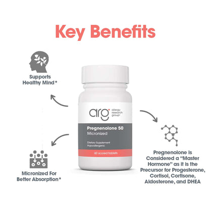 Allergy Research Group Pregnenolone Supplement - Progesterone Supplements 50mg, Hormone & Stress Support, Made from Non-GMO Wild Yam, Micronized Lipid Matrix, Plant-Sourced, Scored Tablets - 60 Count Nirvana Guru