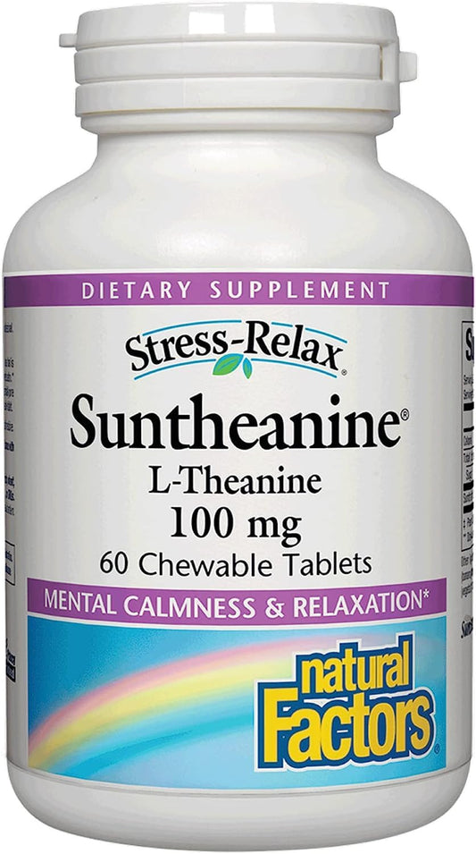 Natural Factors Stress-Relax Chewable Suntheanine L-Theanine 100 mg, Non-Drowsy Stress Support for Mental Calmness and Relaxation, Tropical Fruit Flavor, 60 Tablets - Nirvana Guru