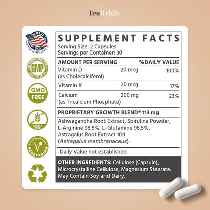 TruHeight Growth Capsules - Natural Growth & Development Supplement for Kids & Teens - Endorsed by Pediatricians - Vitamin D, K, Calcium & Ashwaganda - Bone Strength Capsules - Kids Vitamins - Ages 5+ Nirvana Guru