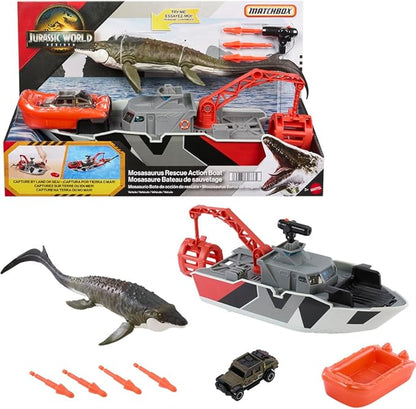 Mattel Matchbox Toy Car Playset, Jurassic World 12.5” Dino Boat with 13” Mosasaurus Dinosaur, 1:64 Die-Cast Jeep, Harpoon Missiles & Detachable Rescue Boat Nirvana Guru