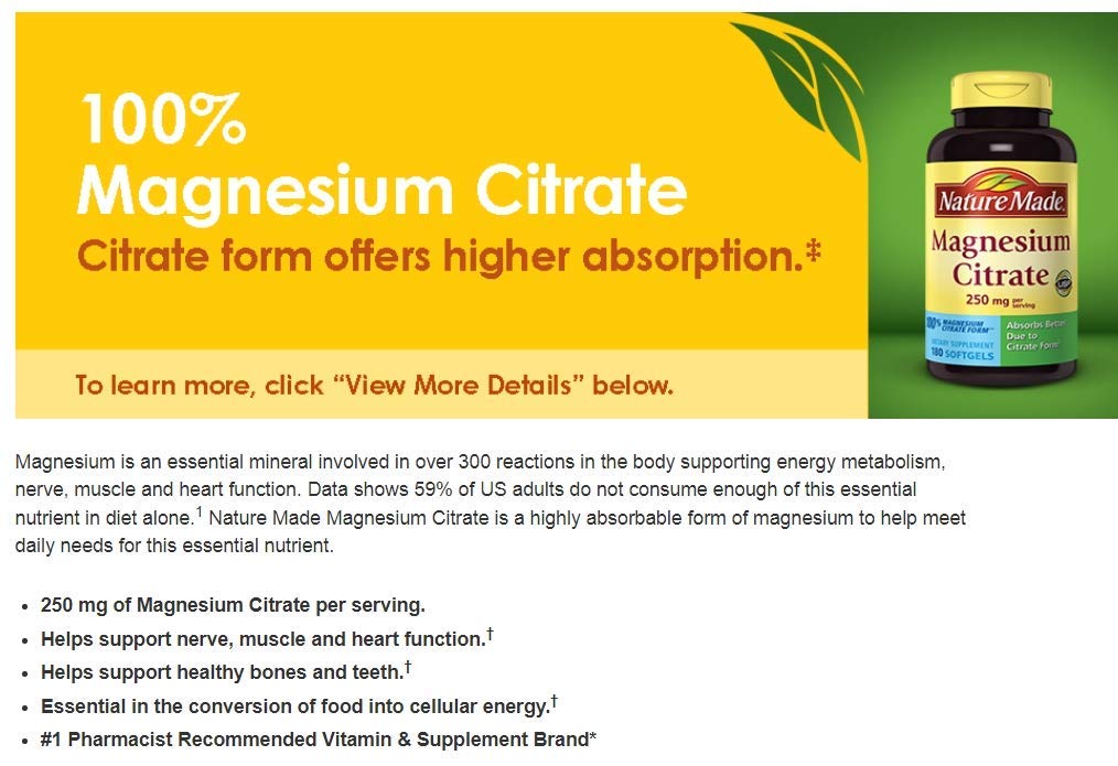 Nature Made Magnesium Citrate 250 mg per serving, Magnesium Supplement for Muscle, Nerve, Bone and Heart Support, 120 Softgels, 60 Day Supply - Nirvana Guru