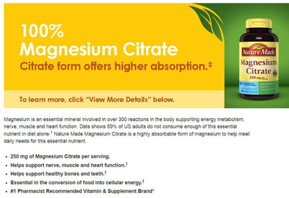 Nature Made Magnesium Citrate 250 mg per serving, Magnesium Supplement for Muscle, Nerve, Bone and Heart Support, 120 Softgels, 60 Day Supply - Nirvana Guru