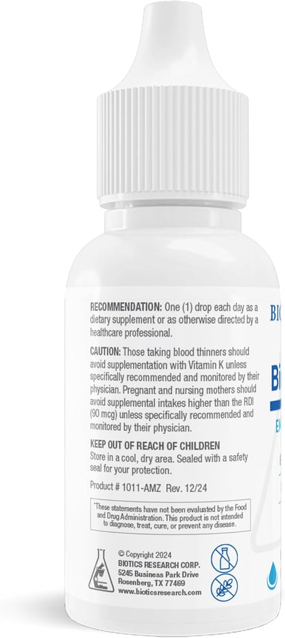 Biotics Research Bio K Mulsion Liquid Vitamin K Drops - 500 mcg/S - Vitamin K1 phytonadione for Adults - VIT K Supplement - Strong Bones, Heart Health, Blood Clotting Support, 1 fl oz Nirvana Guru
