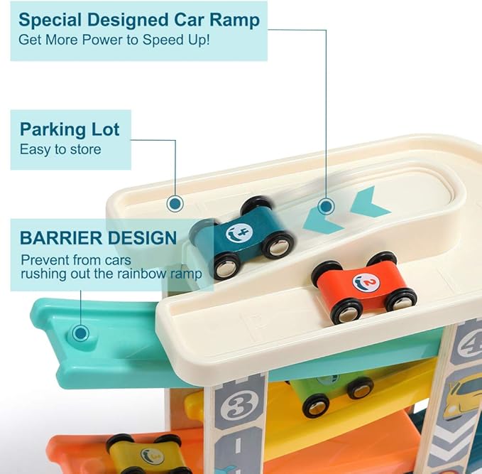 TOP Bright Toddler Wooden Race Track Car Ramp Toys for 1 2 Year Old Baby Motor Skills Race Tracks Car Ramp Vehicle Playsets with 4 Mini Cars and 1 Car Garage nirvanaguru
