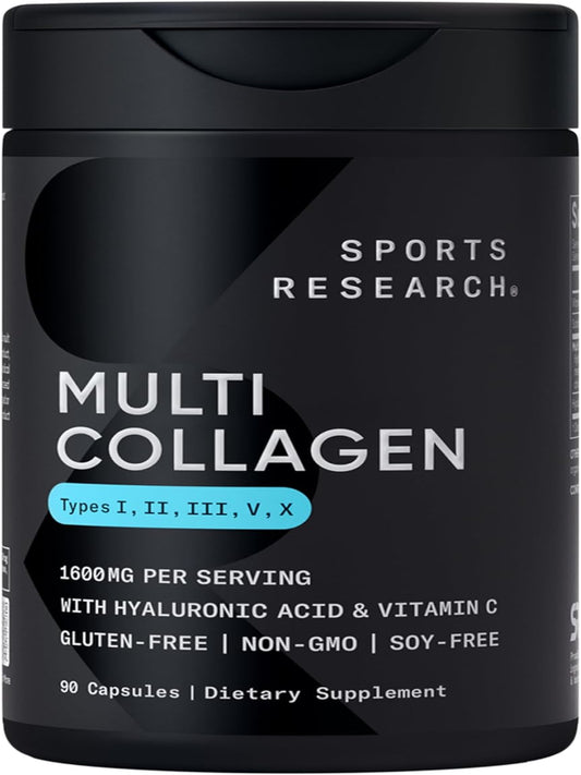 Sports Research Multi Collagen Pills (Type I, II, III, V, X) Hydrolyzed Collagen Peptides with Hyaluronic Acid + Vitamin C | Non-GMO Verified & Gluten Free - 90 Capsules - Nirvana Guru