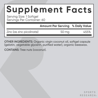 Sports Research Zinc Picolinate 50mg with Organic Coconut Oil | Highly Absorbable Zinc Supplement for Healthy Immune Function - Non-GMO Verified, Gluten & Soy Free (60 Liquid Softgels) - Nirvana Guru